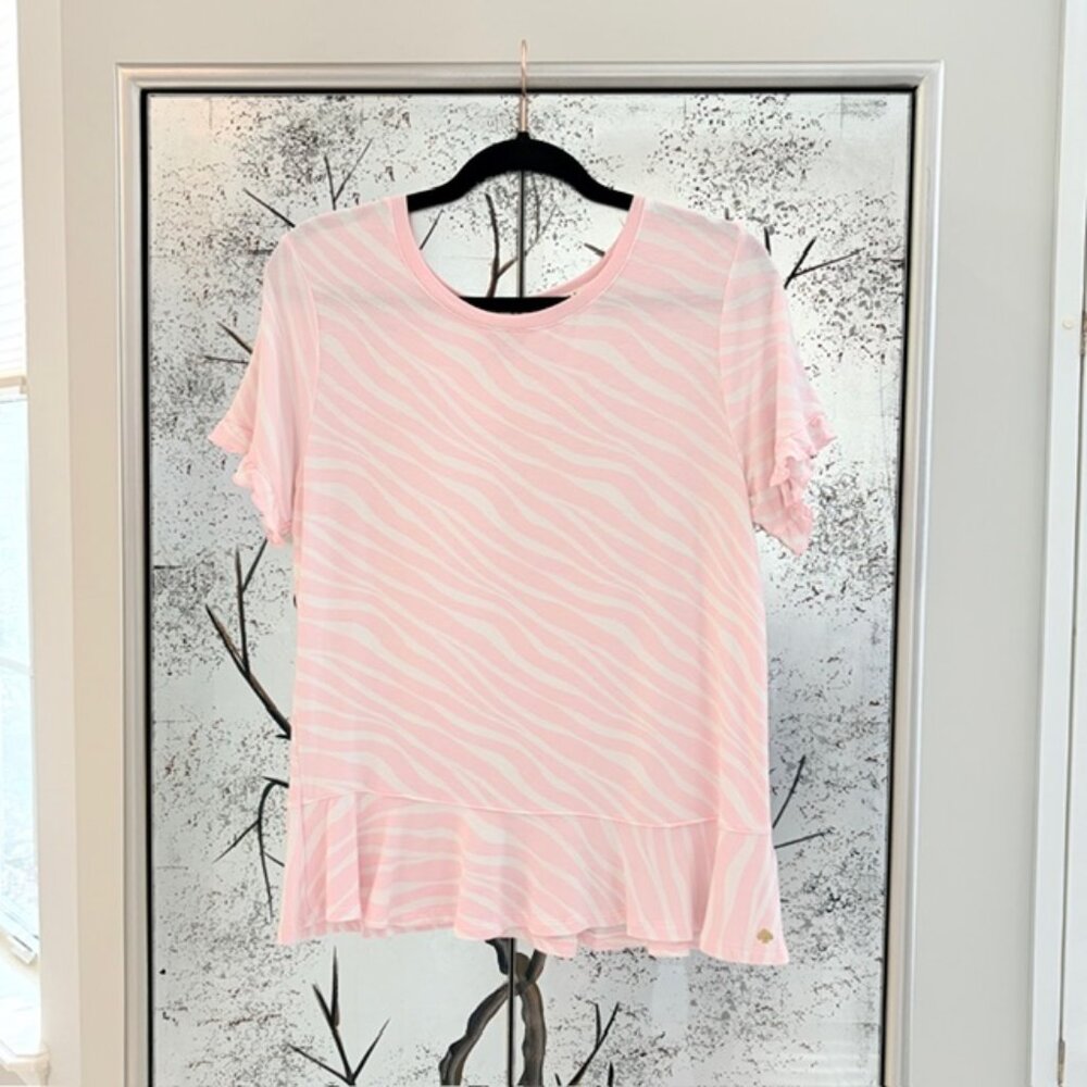 Kate Spade Womens Small Pink Zebra Print Short Sleeve Ruffle Girly Tee T Shirt